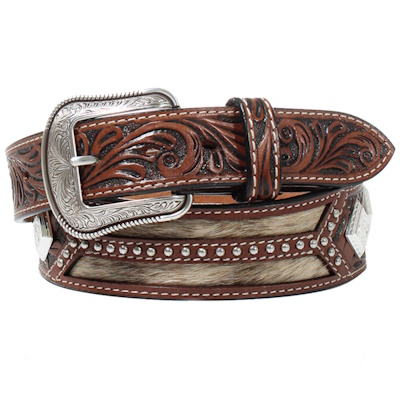 (image for) 1 1/2" Studded Tooled Leather Calf Hair Belt