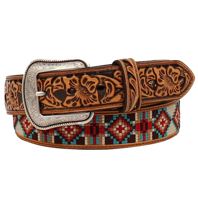 (image for) 1 1/2" Tooled Tabs Diamond Embroidery Inlay Belt