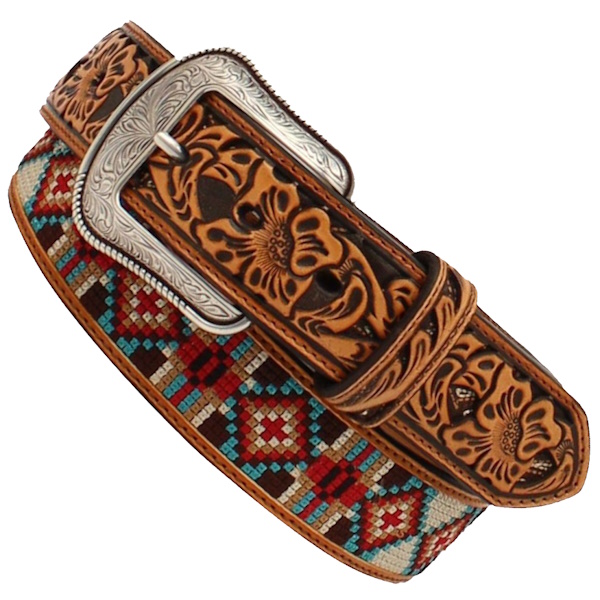 (image for) 1 1/2" Tooled Tabs Diamond Embroidery Inlay Belt