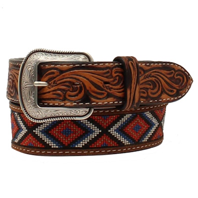 (image for) 1 1/2" Floral Leather Bead Inlay Belt