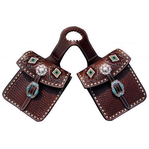 (image for) Saddle Pommel Bags Basketweave Dark Oil Leather with Beaded Inlay