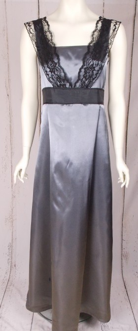 (image for) Ladies Silver Satin Long Gown with Black Lace