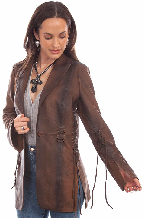 (image for) Ladies Mid Length Soft Button-Down Leather Jacket Coat