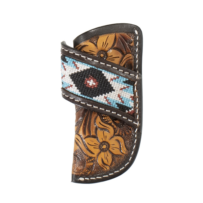 (image for) Floral Tooled Leather Knife Sheath Embroidered Inlay