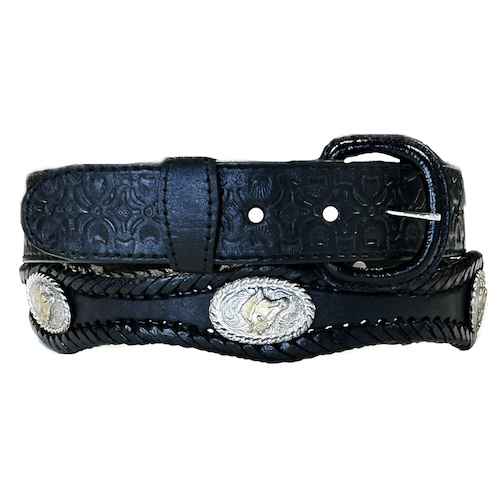 (image for) Leather Western Tooled Belt Scallop Laced Edge & Conchos