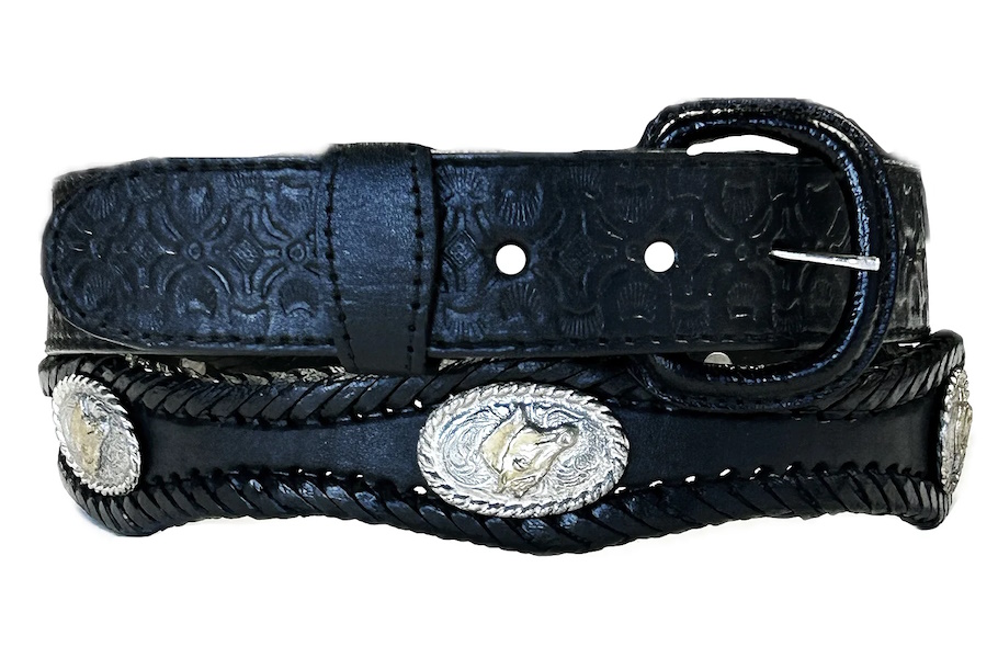 (image for) Leather Western Tooled Belt Scallop Laced Edge & Conchos