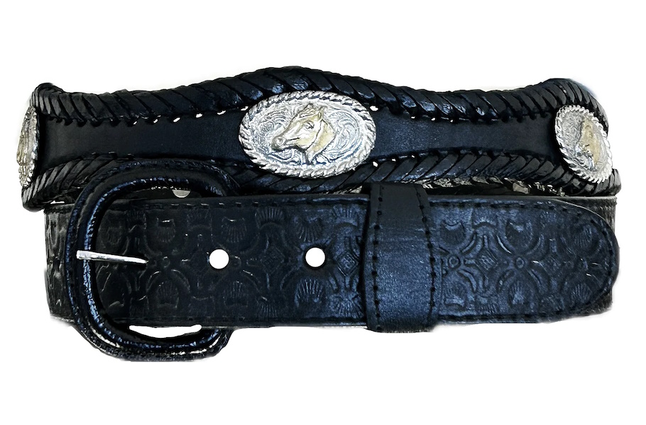 (image for) Leather Western Tooled Belt Scallop Laced Edge & Conchos