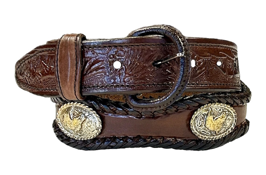 (image for) Leather Western Tooled Belt Scallop Laced Edge & Conchos