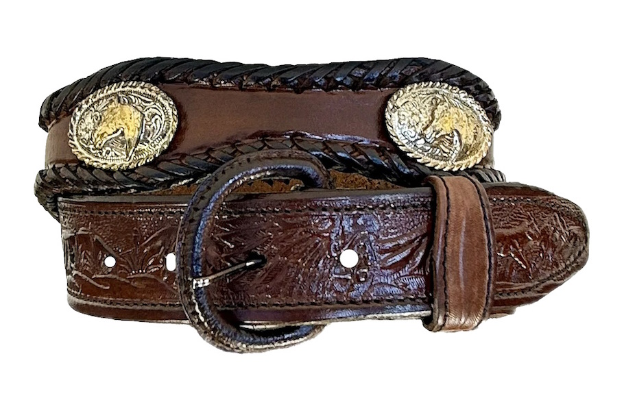 (image for) Leather Western Tooled Belt Scallop Laced Edge & Conchos