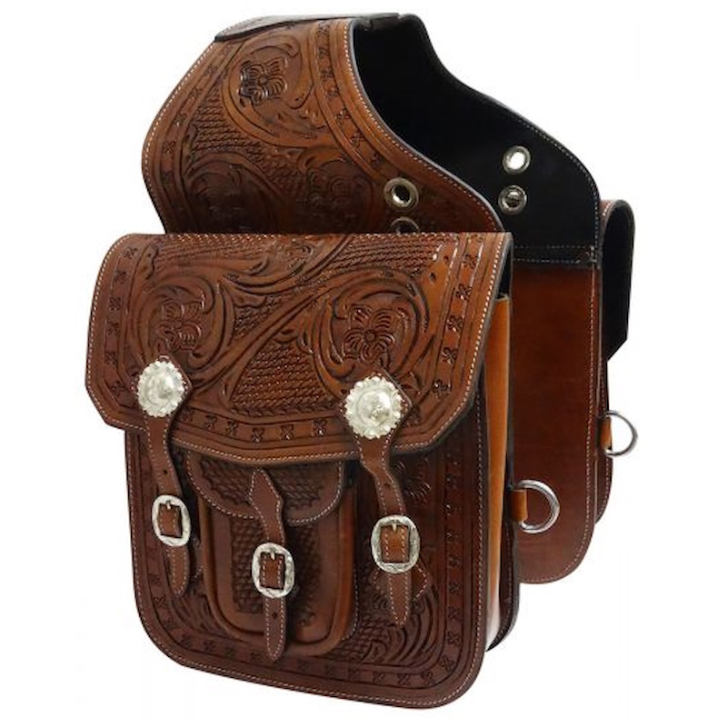 (image for) Tooled Leather Saddle Bags with Engraved Silver Conchos & Buckles