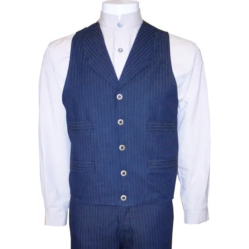 (image for) Old West Prospector Western Vest Denim Blue Tan Pinstripe