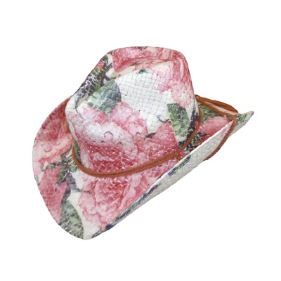 (image for) Floral Red & Green Print Straw Western Cowgirl Hat