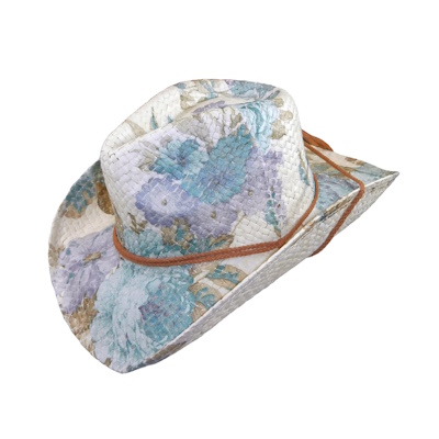 (image for) Floral Violet & Green Print Straw Western Cowgirl Hat