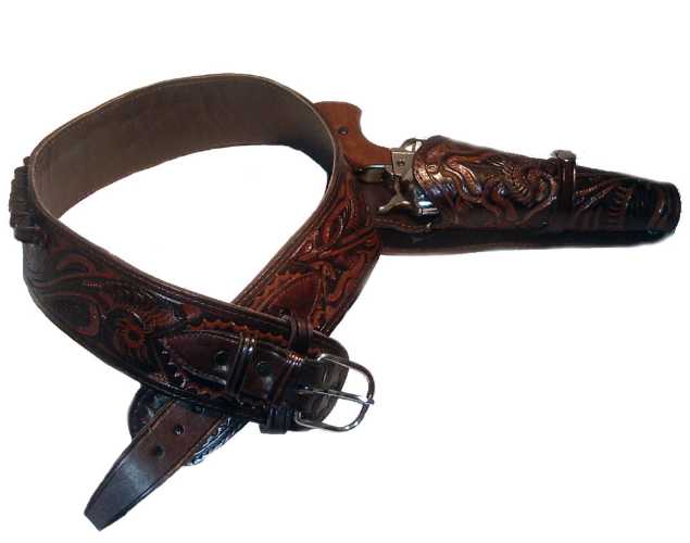 (.44/.45 cal) Western Gun Belt and Holster - RH Draw (Long Barrel) -  Two-Tone Brown Leather