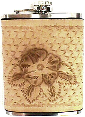 (image for) Wild Rose Hand Tooled Leather Covered Western Style 8-Ounce Hip