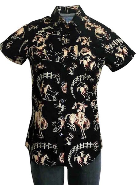 (image for) Women’s Vintage Bronc Print Short Sleeve Black Western Shirt