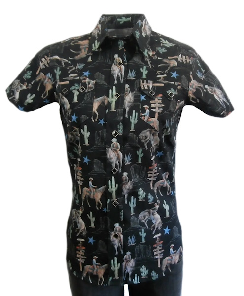 (image for) Women’s Vintage Western Print Short Sleeve Shirt in Black