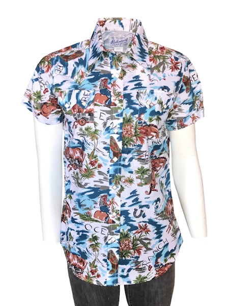 (image for) Women’s Blue Western Hawaiian Print Short Sleeve Shirt