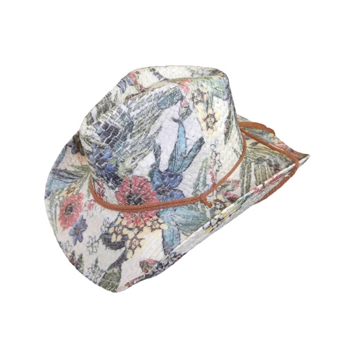 (image for) Floral Pink Print Straw Western Cowgirl Hat