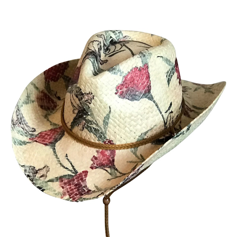 (image for) Floral Red & Green Print Straw Western Cowgirl Hat