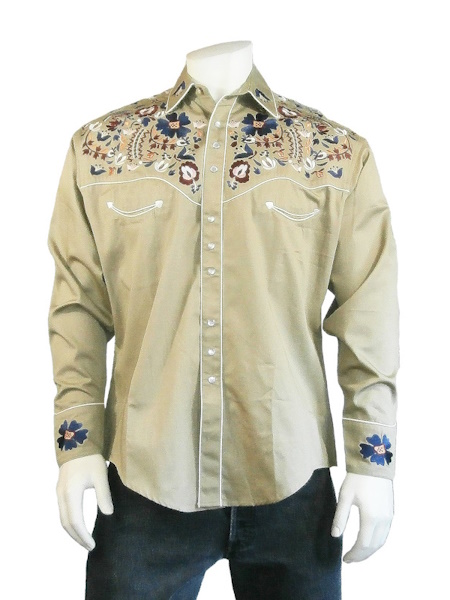 (image for) Men's Vintage Khaki Floral Embroidery Western Shirt