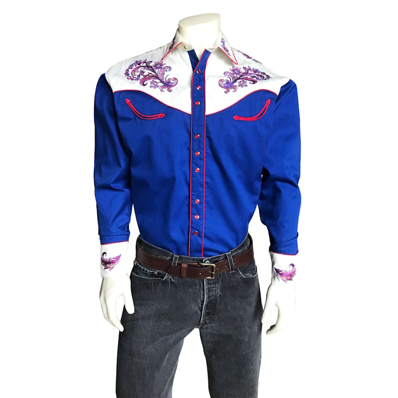 (image for) Men's Royal & White Western Shirt with Floral Embroidery