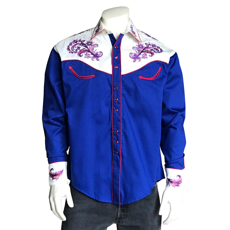 (image for) Men's Royal & White Western Shirt with Floral Embroidery