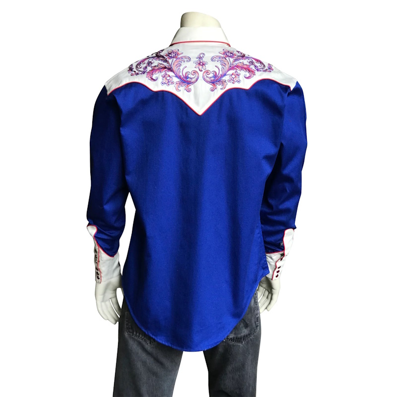 (image for) Men's Royal & White Western Shirt with Floral Embroidery