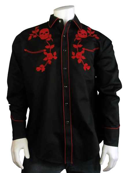 (image for) Men’s Red Skull & Roses Embroidery on Black Western Shirt