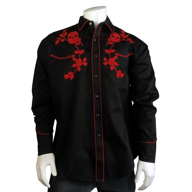 (image for) Men’s Red Skull & Roses Embroidery on Black Western Shirt