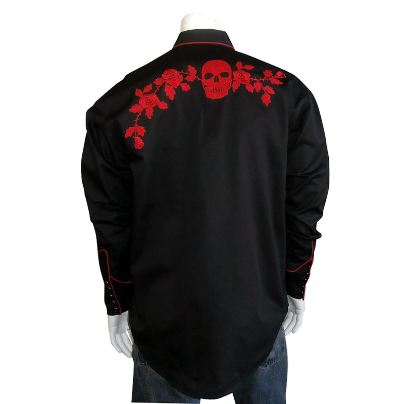 (image for) Men’s Red Skull & Roses Embroidery on Black Western Shirt