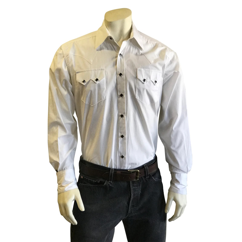 (image for) Men's Pima Cotton White Western Shirt with Black Snaps