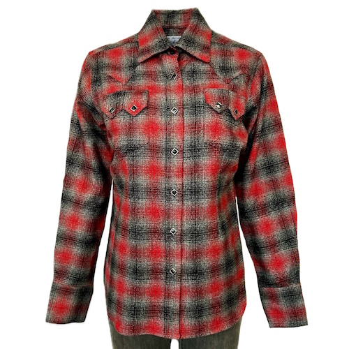 (image for) Women's Plush Red & Grey Plaid Flannel Western Shirt