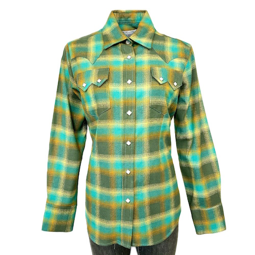 (image for) Plush Plaid Flannel Western Shirt Green & Turquoise