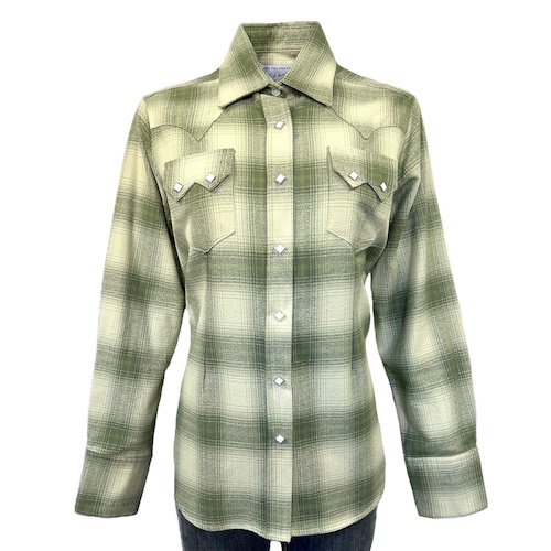 (image for) Plush Plaid Flannel Western Shirt Green & White