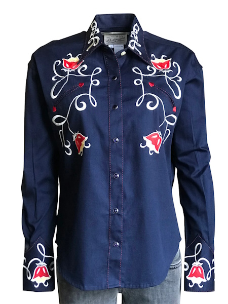 (image for) Women's Art Deco Floral Embroidery Navy Western Shirt