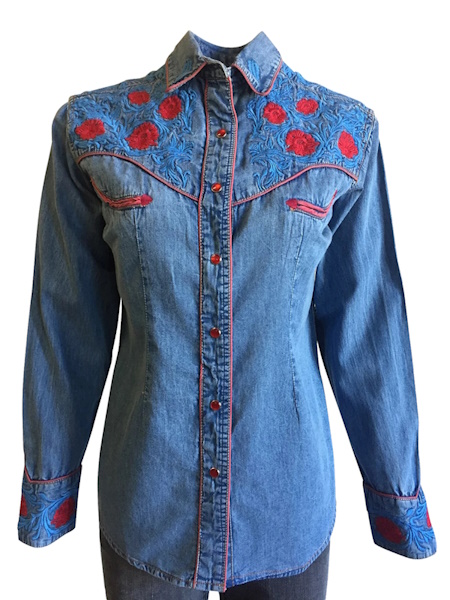 (image for) Women's Vintage Floral Embroidery Denim Western Shirt