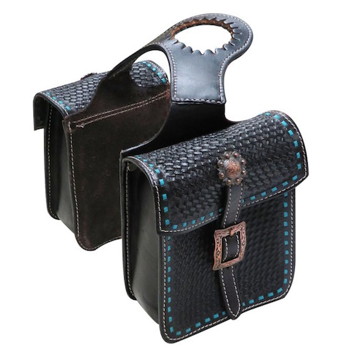 (image for) Saddle Pommel Horn Bags Tooled Leather with teal buck stitch